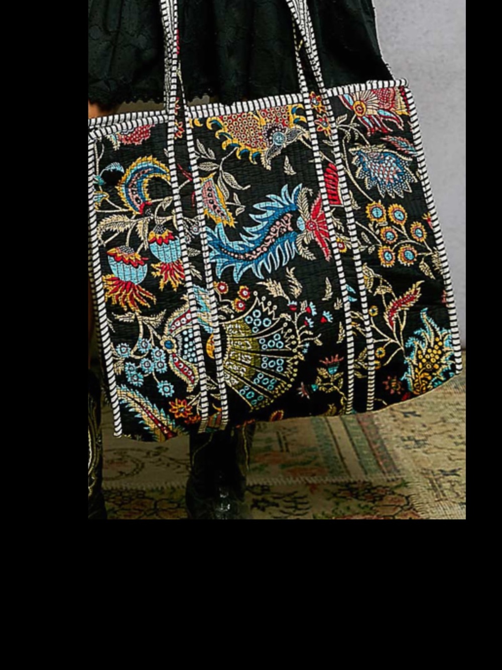 POL Black Embroidered Floral Tote with Multicolor Accents